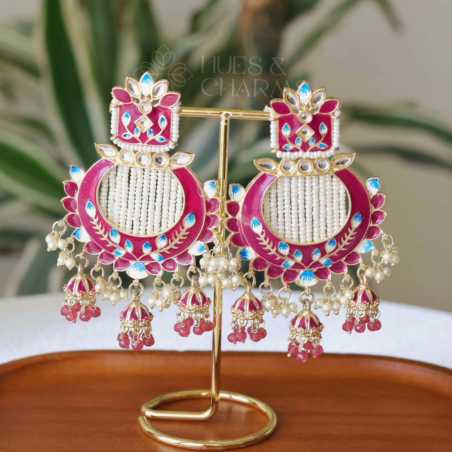 MEENAKARI EARRINGS WITH TRI JHUMKA  - DARK PINK