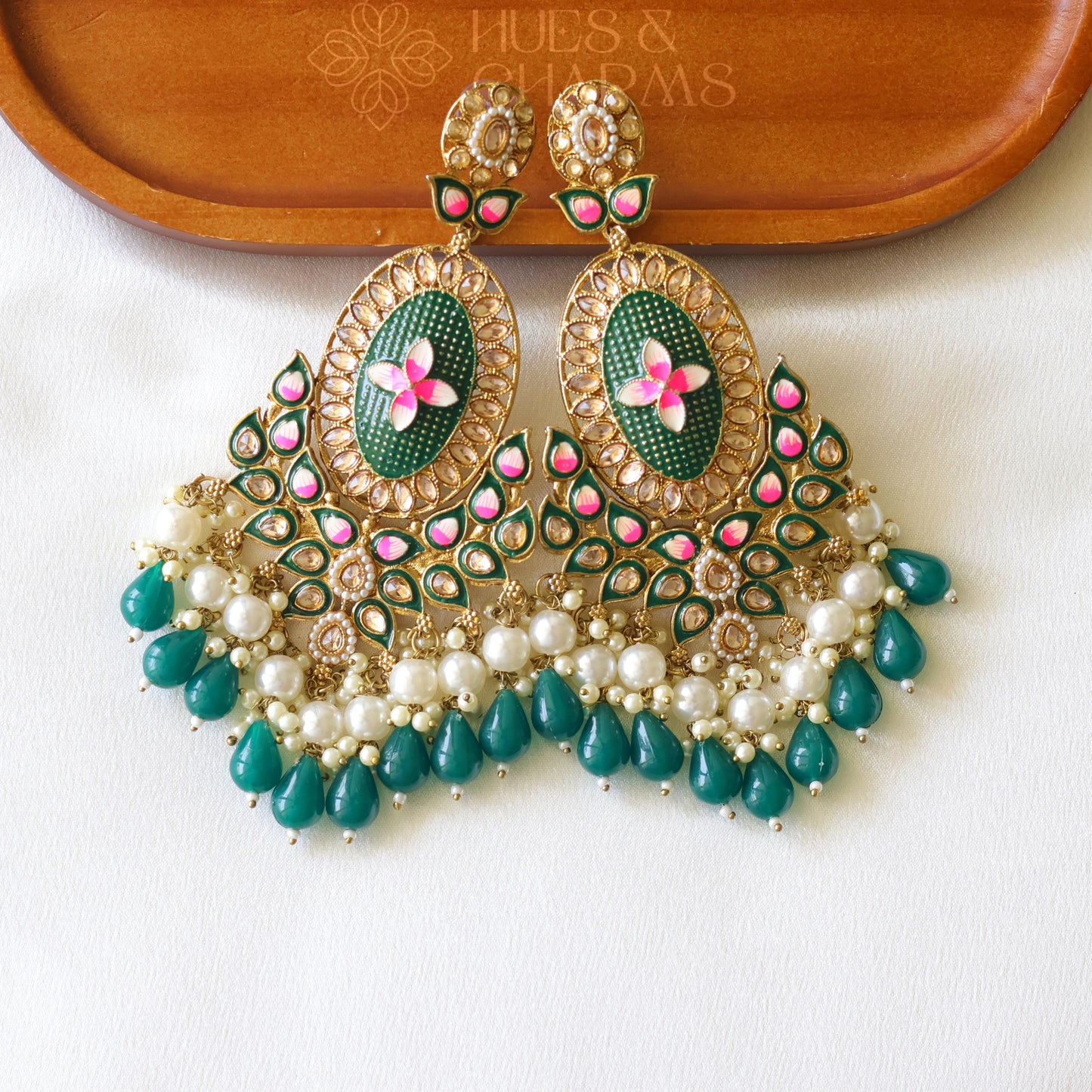 LONG MEENAKARI CHANDBALI EARRINGS - GREEN