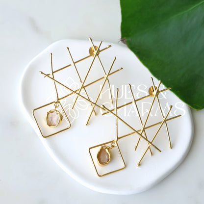 GOLDEN RAW STONE GRID DROPS EARRINGS (Colours available)
