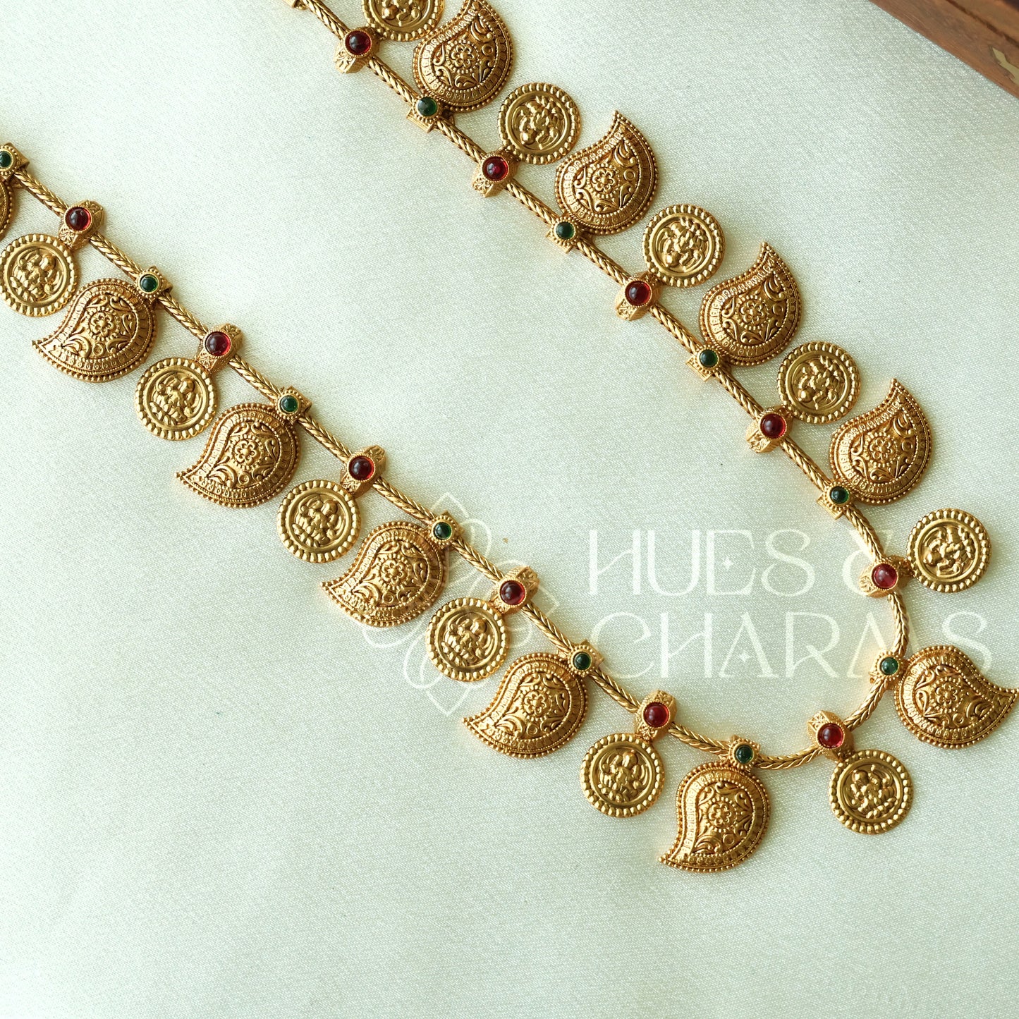 GOLDEN LAKSHMI COIN AND MANGO MOTIF HARAM SET