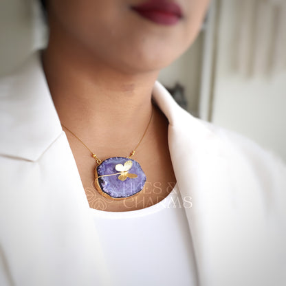 AGATE  STONE WITH BUTTERFLY X FLOATING NECKPIECE (COLOURS AVAILABLE)