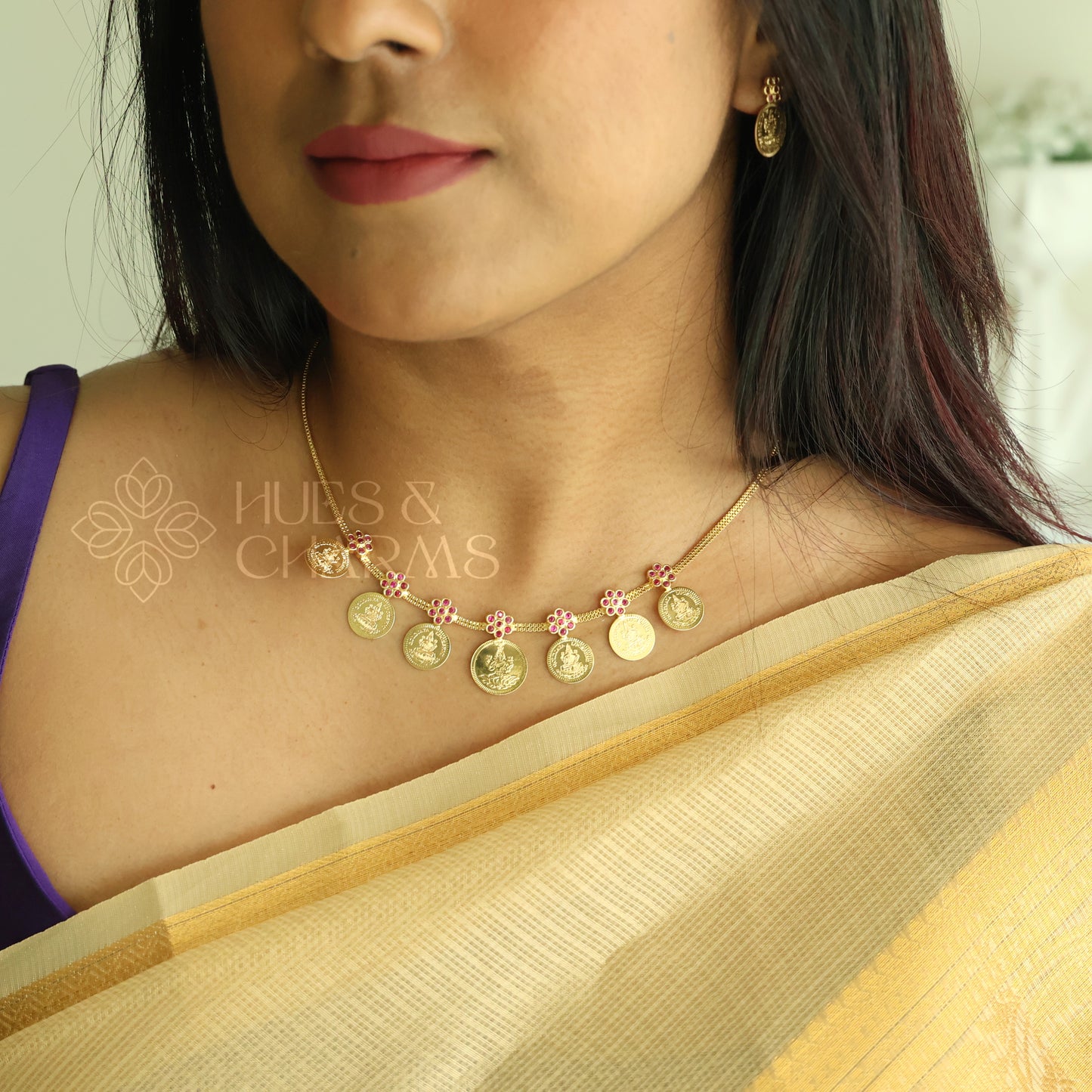 TRADITIONAL LAKSHMI 7-COIN RUBY NECKLACE SET |GOLD PLATED