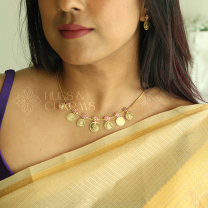 TRADITIONAL LAKSHMI 7-COIN RUBY NECKLACE SET |GOLD PLATED