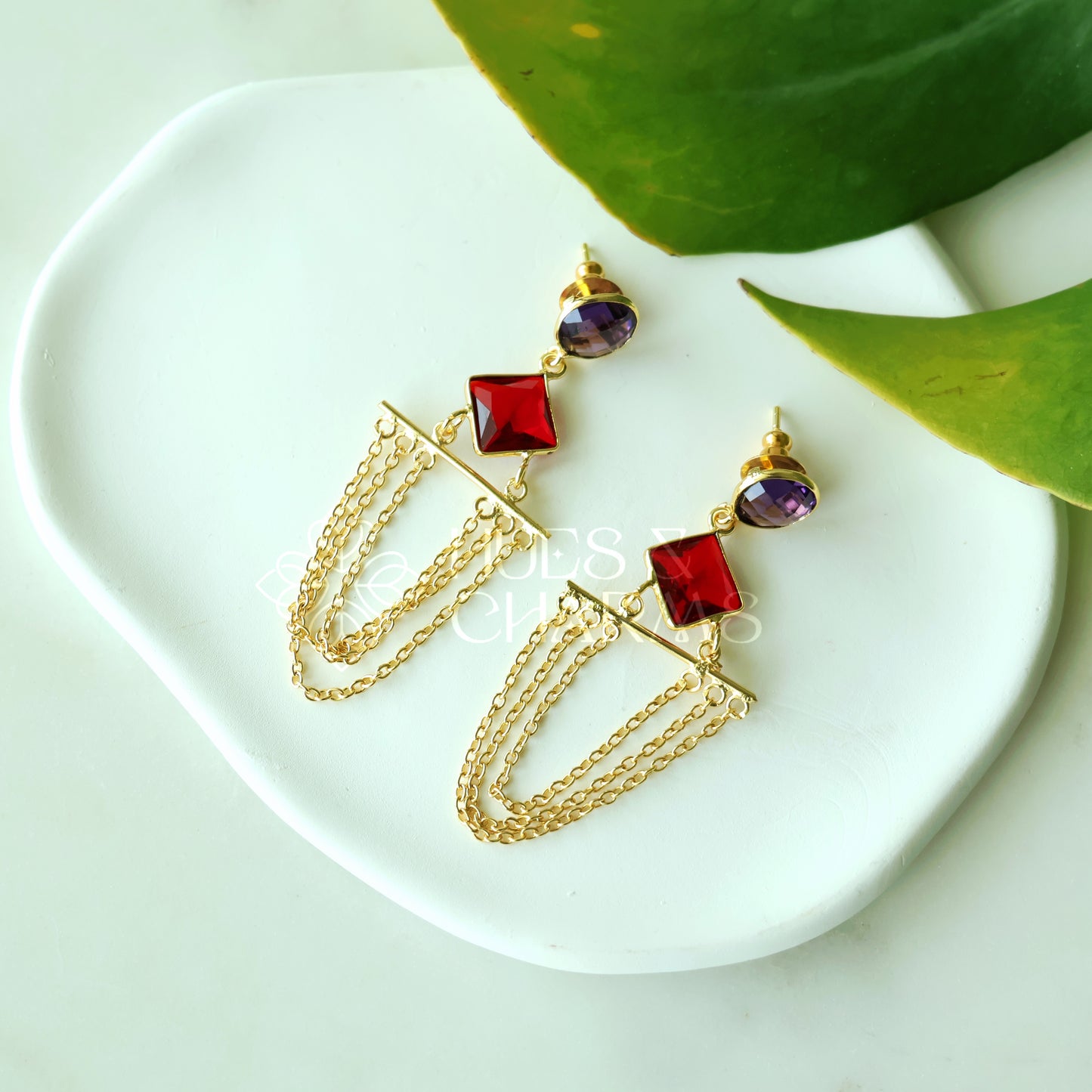 GOLDEN GLOSSY CHAINED ALLURE DANGLER EARRINGS (COLOURS AVAILABLE)
