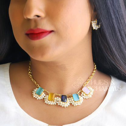 GLOSSY SQUARE DROP NECKLACE SET WITH PEARLS-MULTICOLOUR