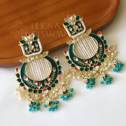 MEENAKARI EARRINGS WITH TRI JHUMKA  - GREEN