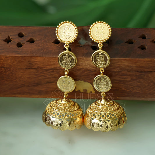GOLDEN LAKSHMI 3 LAYER STEP COIN JHUMKA (IDOL VERSION) | GOLD PLATED