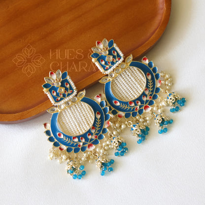 MEENAKARI EARRINGS WITH TRI JHUMKA  - SKY BLUE