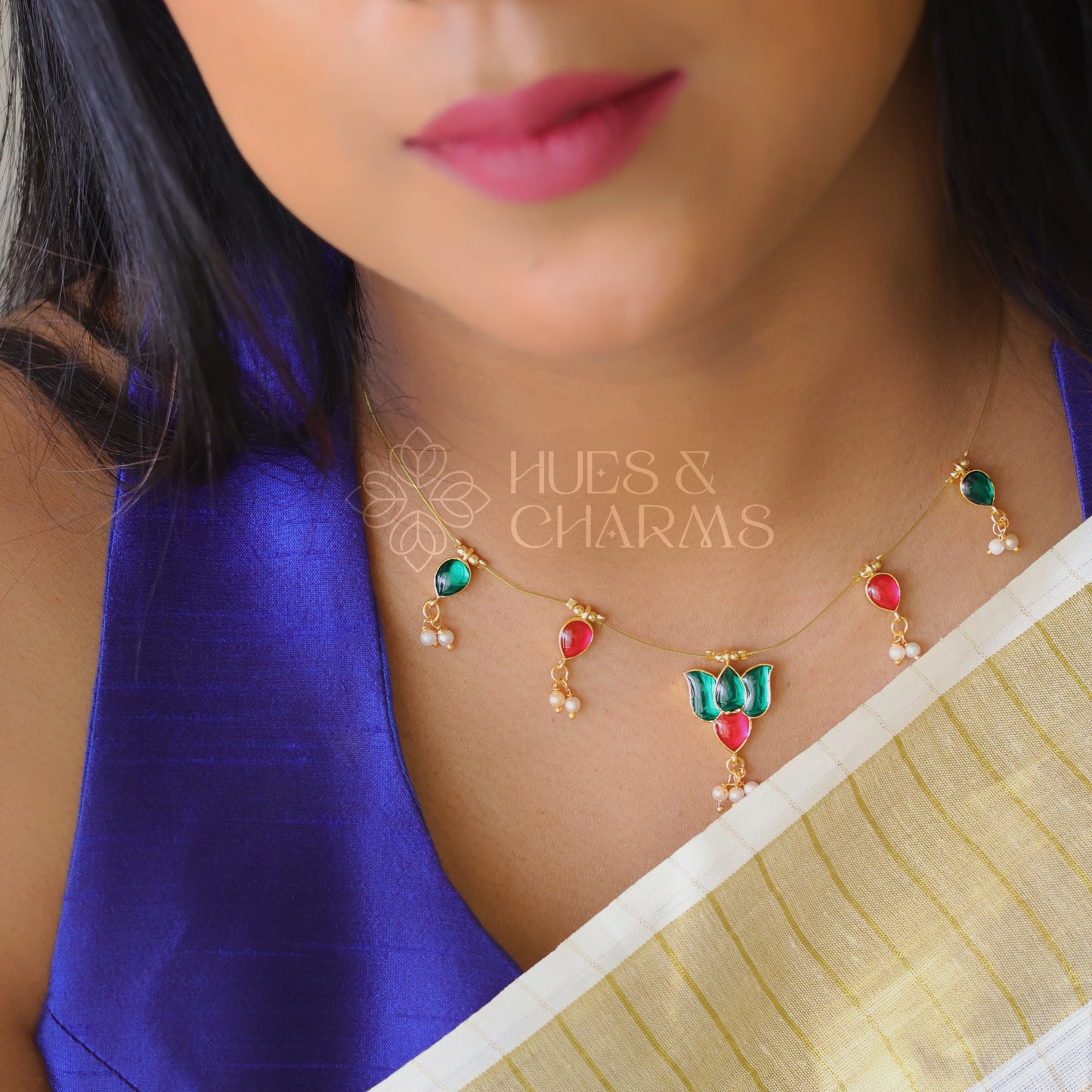 LOTUS FLOATING NECKPIECE - GREEN & PINK