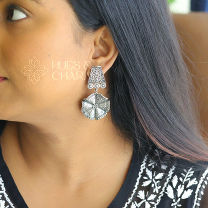 OXIDIZED TEXTURED FLORAL DROP WITH SELF DETAILING EARRINGS