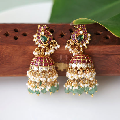 GOLDEN STATEMENT MAYURLEKHA KUNDAN KEMP JHUMKA WITH PEARLS | PREMIUM JEWELLERY