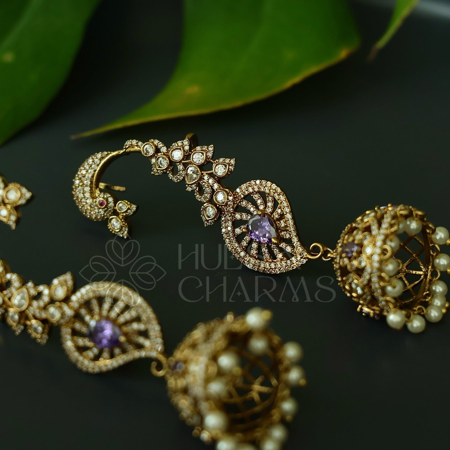 STATEMENT MAYURA AD EAR CUFF JHUMKA WITH PEARLS ( Colours available)|Premium jewellery