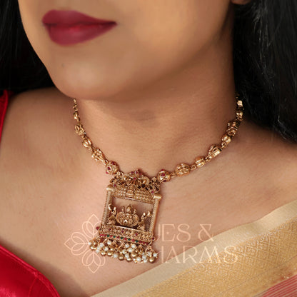 GOLDEN SWARNA LAKSHMI PENDANT NECKLACE SET WITH PEARLS