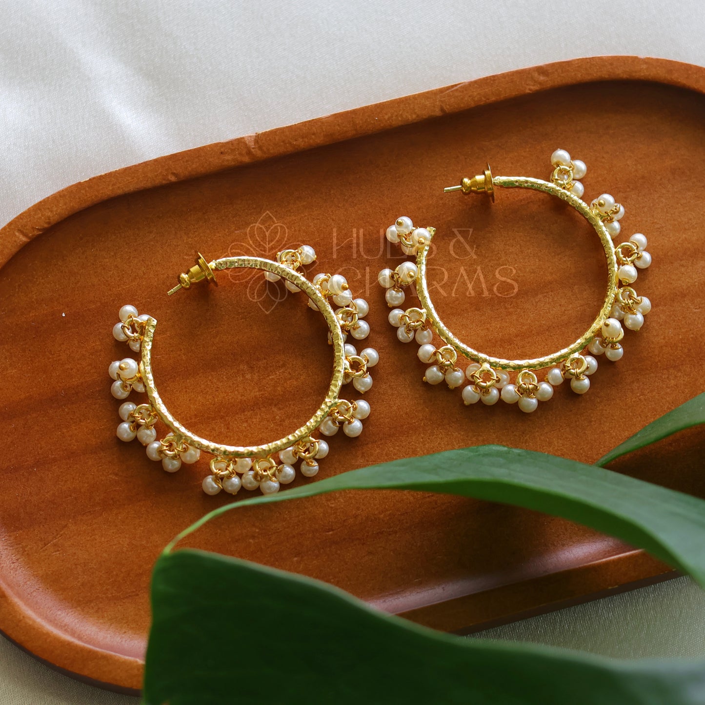 Golden Hammered Hoops with Cluster Pearls