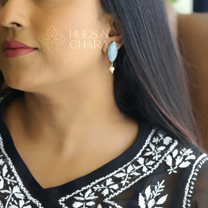 OXIDISED MONALISA STONE STUD EARRINGS WITH PEARL DROP( COLOURS AVAILABLE )