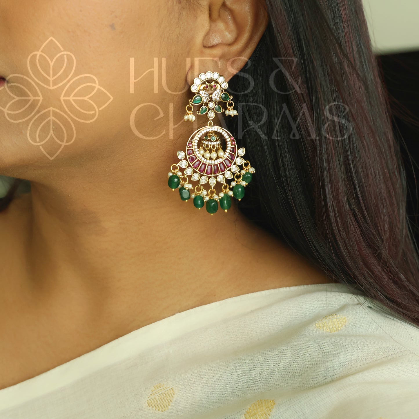 GOLDEN MAYURIKA KEMP CHANDBALI EARRINGS| PREMIUM JEWELLERY (Colours available)