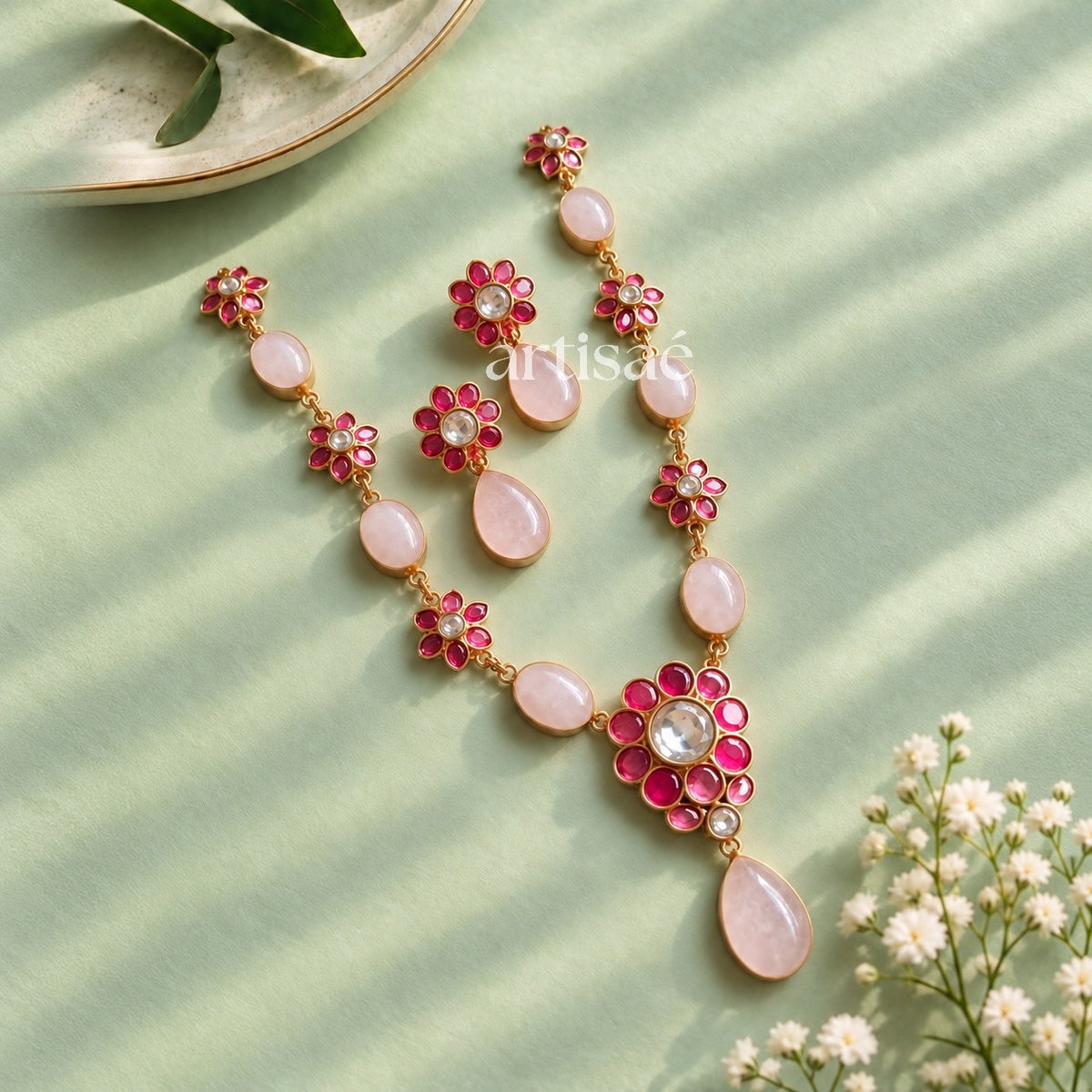 FLORA NATURAL STONE NECKLACE SET - ROSE QUARTZ