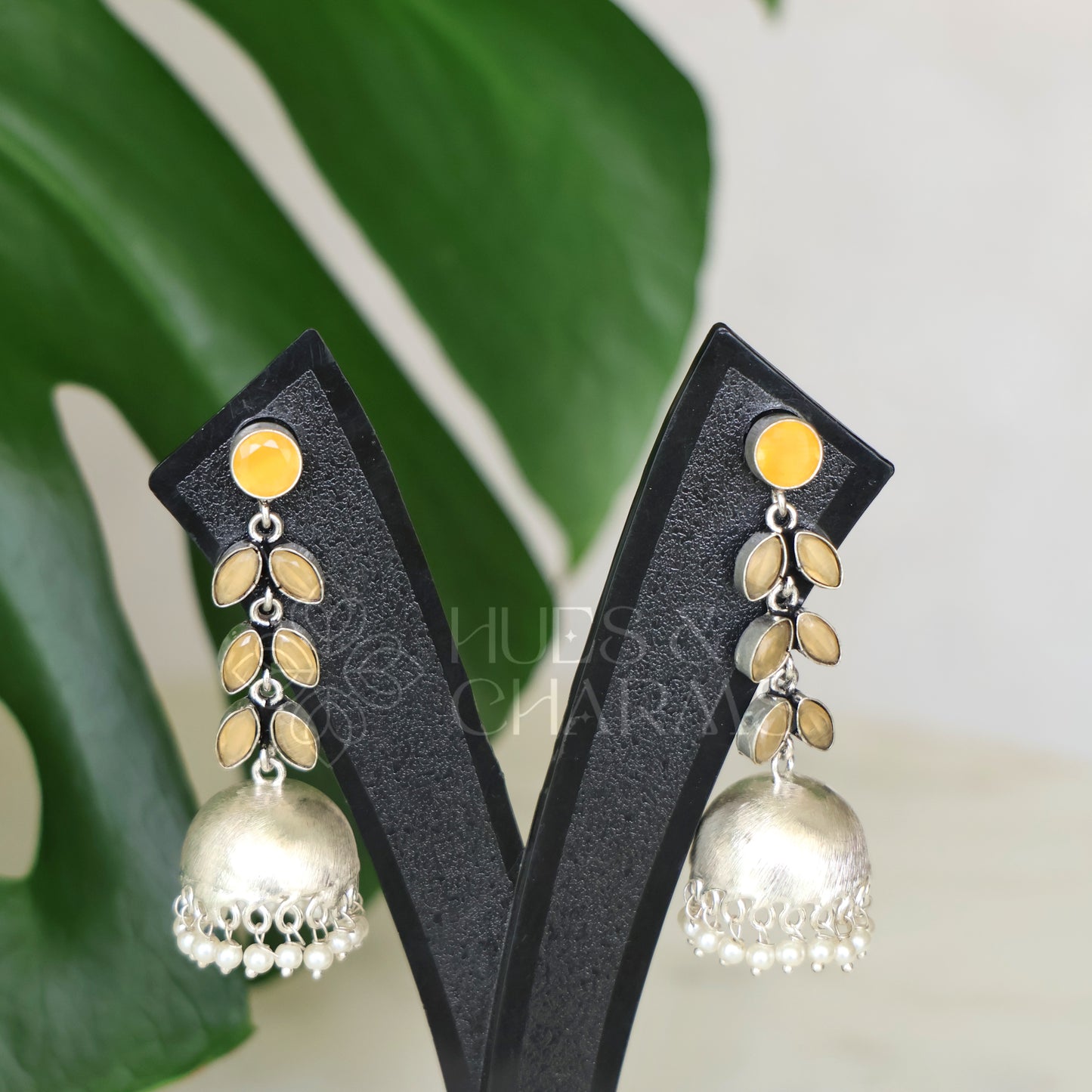 OXIDISED LEAF DROP JHUMKAS WITH CLUSTER PEARLS( COLOURS AVAILABLE )