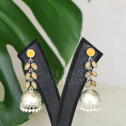 OXIDISED LEAF DROP JHUMKAS WITH CLUSTER PEARLS( COLOURS AVAILABLE )