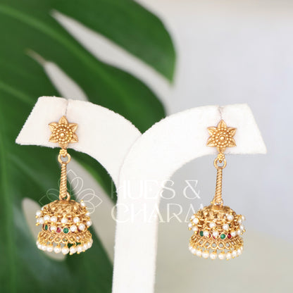 GOLDEN PUSHPA MALA JHUMKA WITH PEARLS