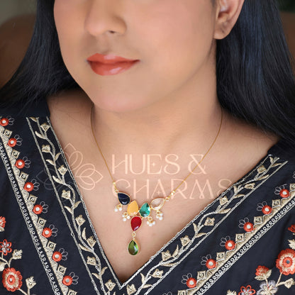 GLOSSY 5 DROP FLOATING NECKPIECE WITH PEARLS (COLOURS AVAILABLE)