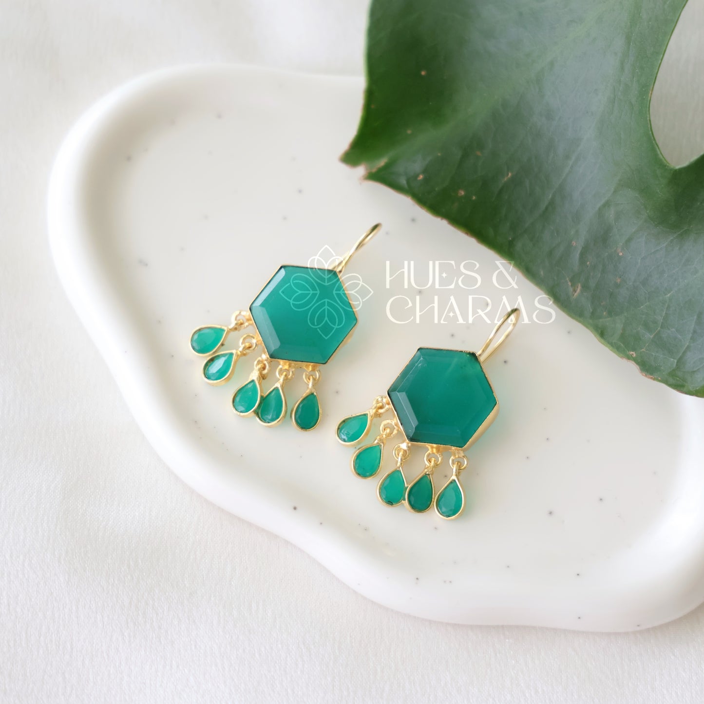 GOLDEN GLOSSY HEXA DEWDROPS EARRINGS (COLOURS AVAILABLE)