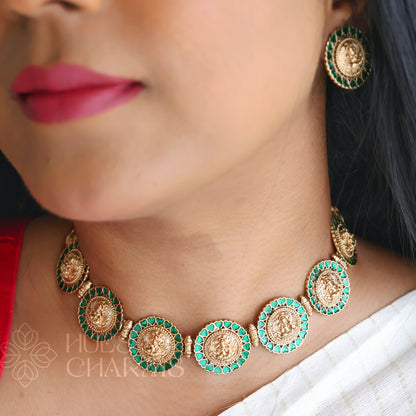 GOLDEN GREEN STATEMENT LAKSHMI NECKLACE SET