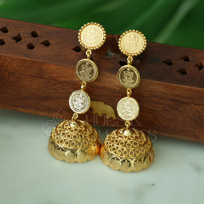 GOLDEN LAKSHMI 3 LAYER STEP COIN JHUMKA (IDOL VERSION) | GOLD PLATED