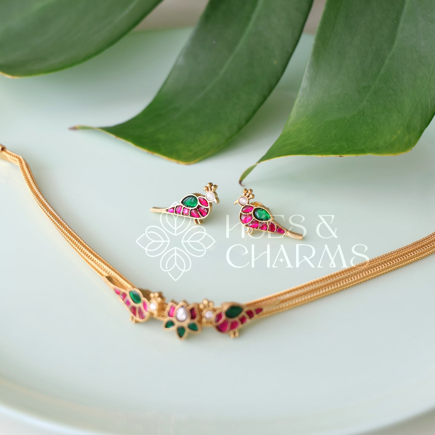 GOLDEN LOTUS & PARROT JADAU CHOKER SET | PREMIUM JEWELLERY