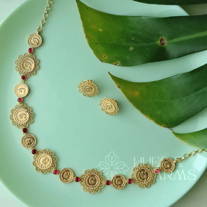 TRADITIONAL RUBY COIN NECKPIECE SET| GOLD PLATED (NON IDOL VERSION)