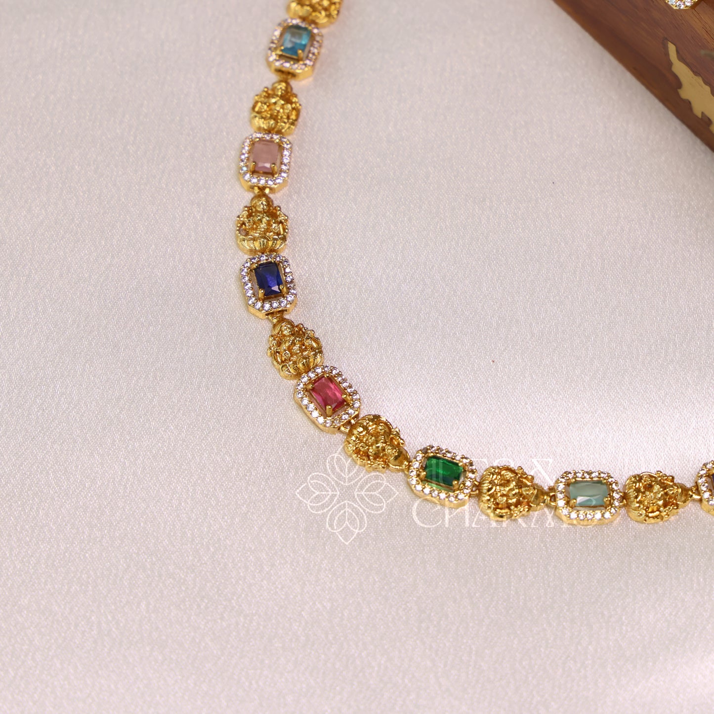 GOLDEN NAVARATNA LAKSHMI AD NECKLACE SET (Colours available)