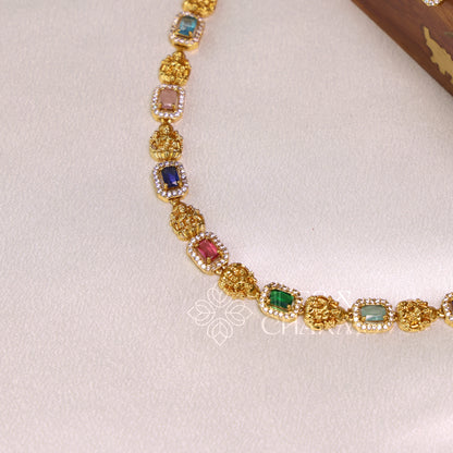 GOLDEN NAVARATNA LAKSHMI AD NECKLACE SET (Colours available)