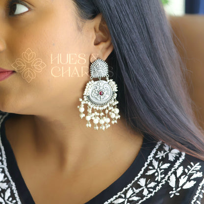 OXIDISED STATEMENT EARRING WITH PEARL DANGLERS(COLOURS AVAILABLE)