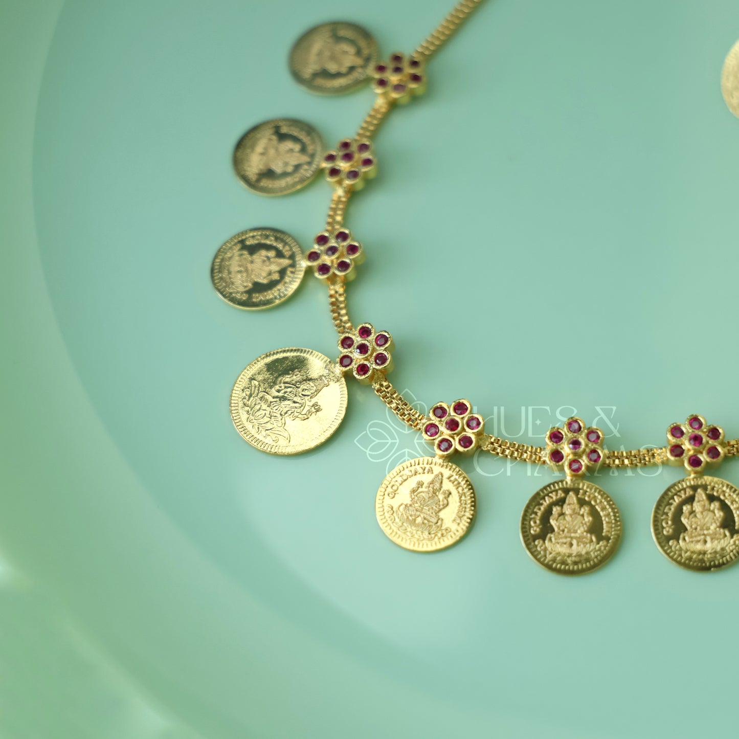 TRADITIONAL LAKSHMI 7-COIN RUBY NECKLACE SET |GOLD PLATED