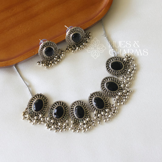 OXIDIZED BLACK STONE NECKLACE SET