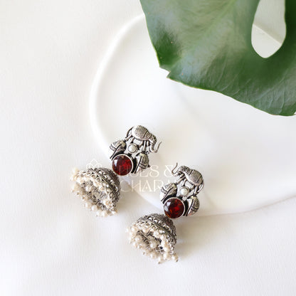OXIDIZED HATHI JHUMKA EARRINGS WITH CLUSTER PEARLS
