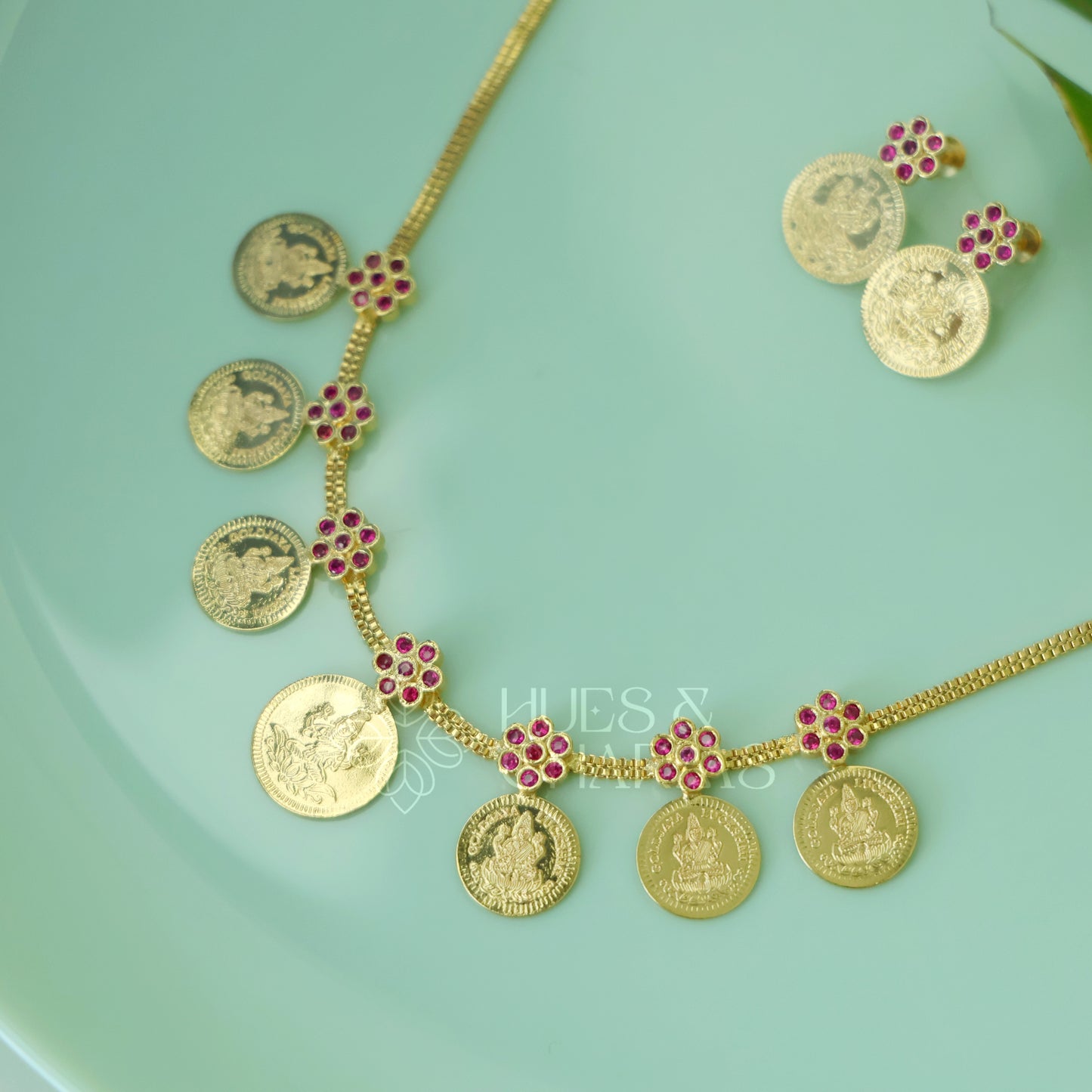 TRADITIONAL LAKSHMI 7-COIN RUBY NECKLACE SET |GOLD PLATED