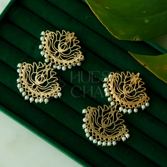 GOLDEN STATEMENT 2 LAYER PEARL LOTUS EARRINGS