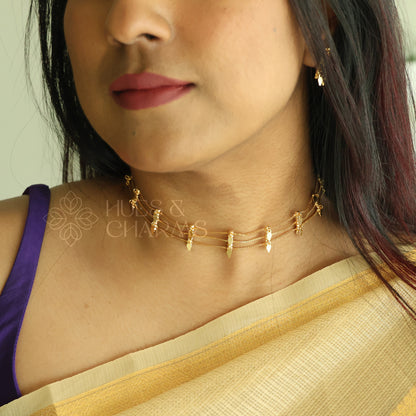 TRADITIONAL STATEMENT 3 LAYER SIMPLE ELAKKATHALI CHOKER SET | GOLD PLATED