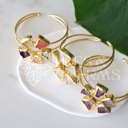 GOLDEN ELARA RAW STONE CUFF ADJUSTABLE BANGLE(COLOURS AVAILABLE)
