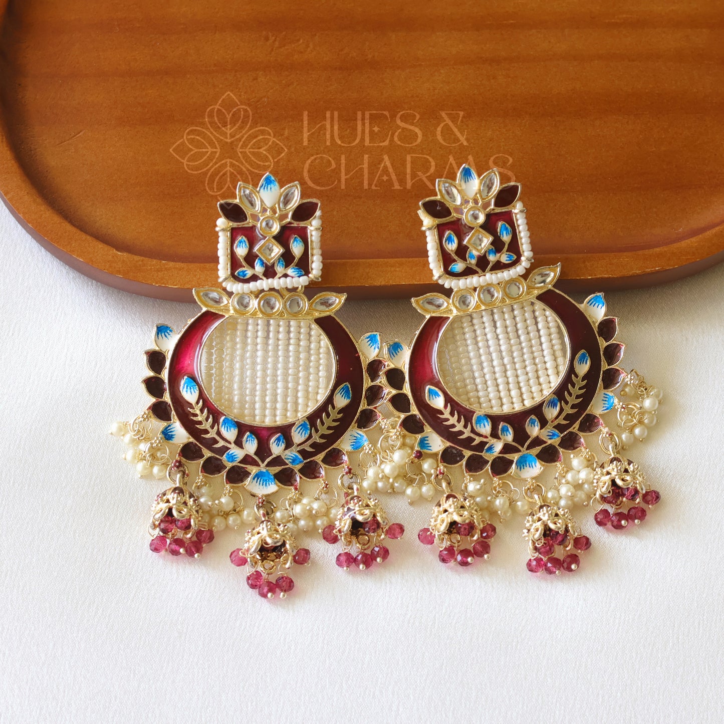 MEENAKARI EARRINGS WITH TRI JHUMKA  - DARK MAROON