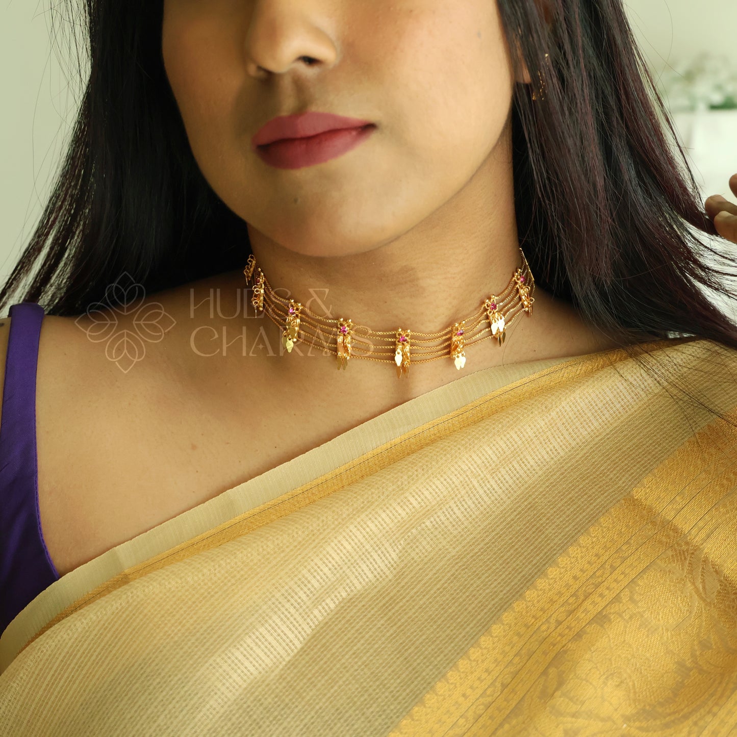 TRADITIONAL STATEMENT 5 LAYER RUBY ELAKKATHALI CHOKER SET | GOLD PLATED