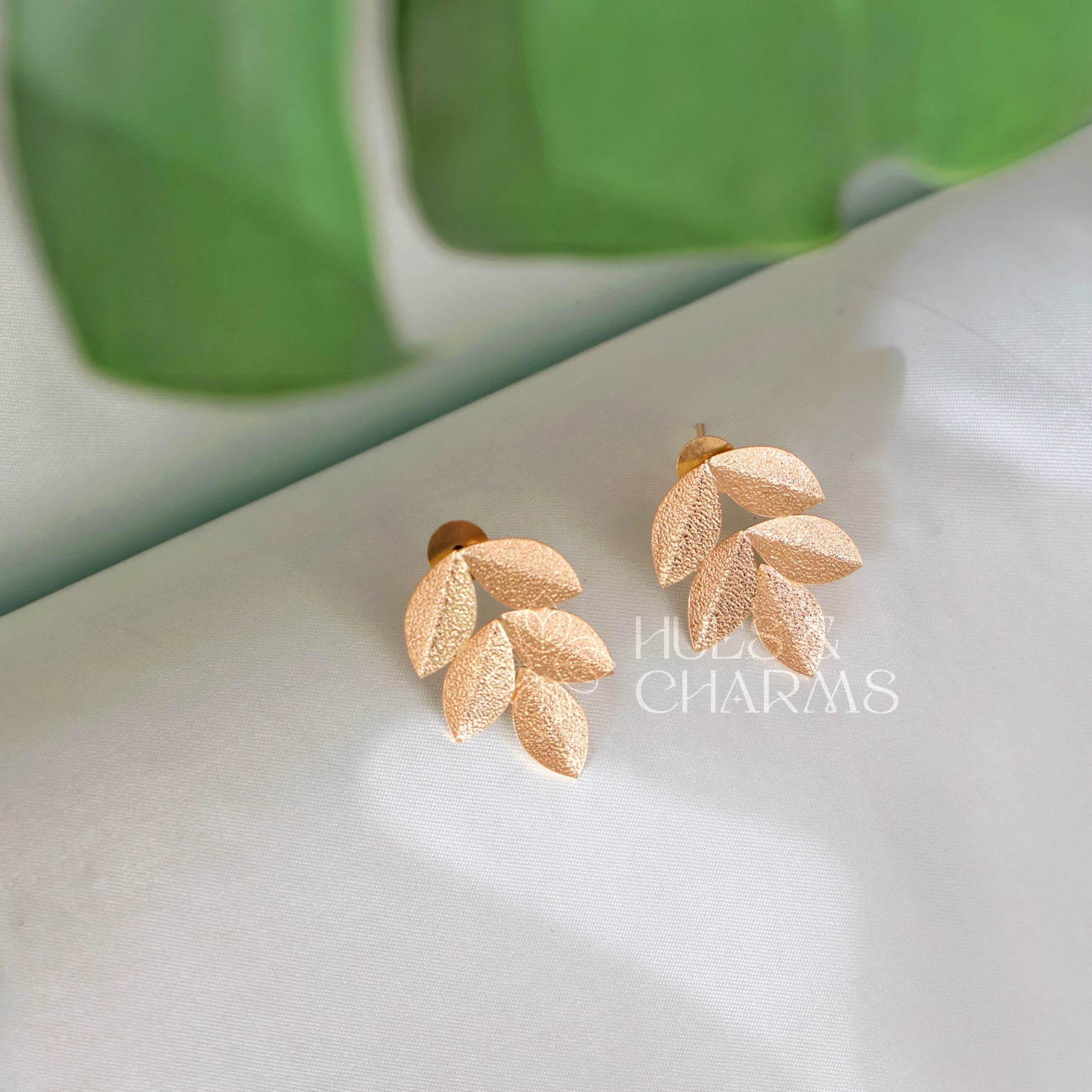 GOLDEN TEXTURED LEAF STUD EARRINGS