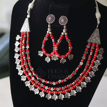 OXIDIZED 3 LAYER RED NECKLACE SET