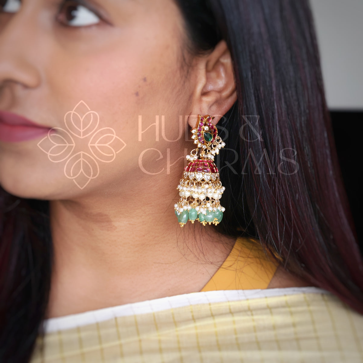 GOLDEN STATEMENT MAYURLEKHA KUNDAN KEMP JHUMKA WITH PEARLS | PREMIUM JEWELLERY