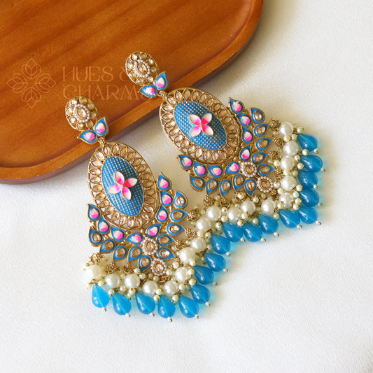 LONG MEENAKARI CHANDBALI EARRINGS - SKY BLUE