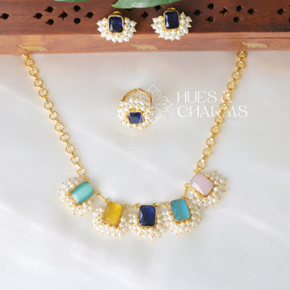 GLOSSY SQUARE DROP NECKLACE SET WITH PEARLS-MULTICOLOUR