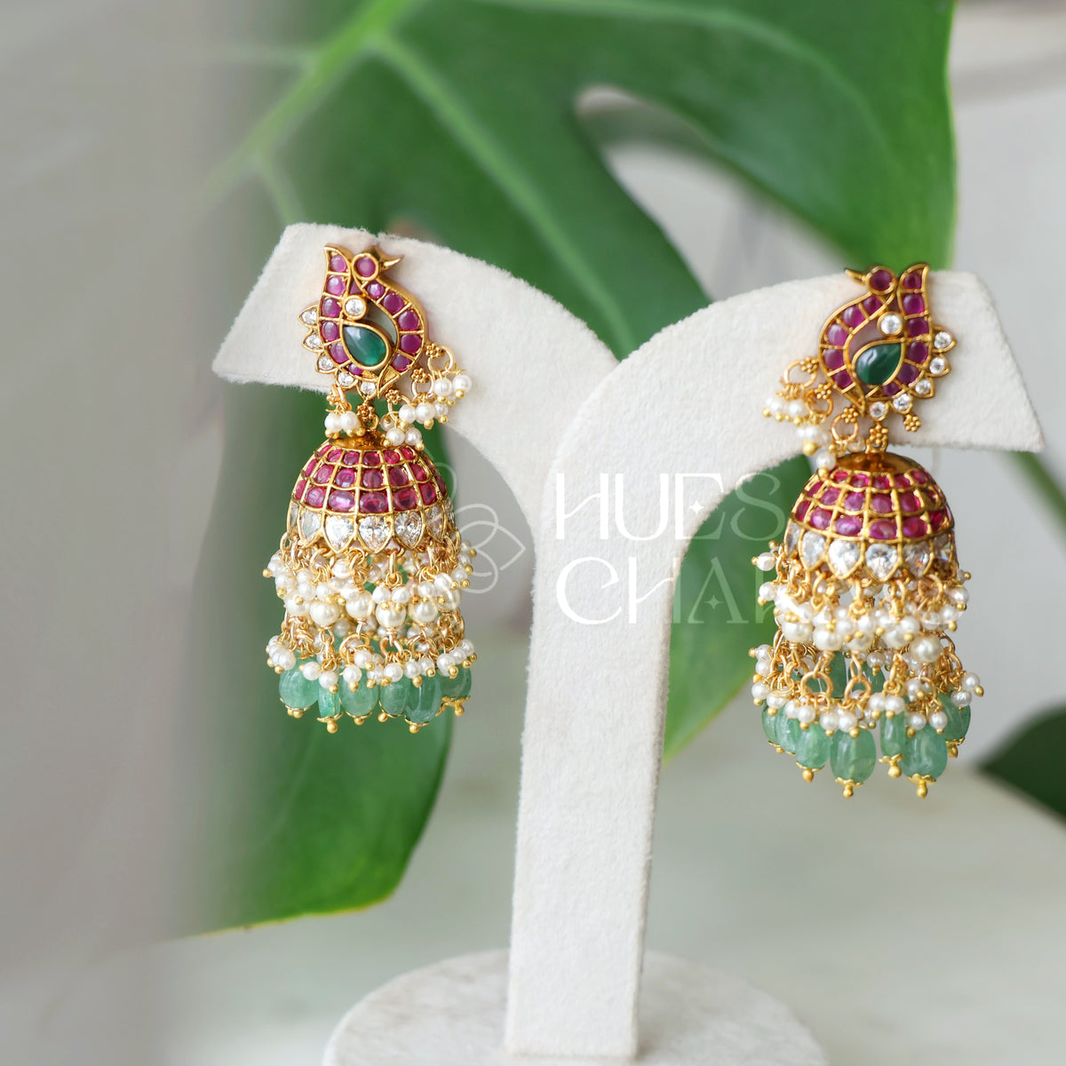 GOLDEN STATEMENT MAYURLEKHA KUNDAN KEMP JHUMKA WITH PEARLS | PREMIUM JEWELLERY