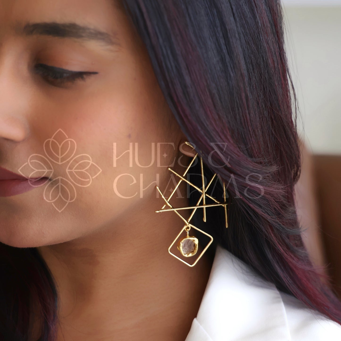 GOLDEN RAW STONE GRID DROPS EARRINGS (Colours available)