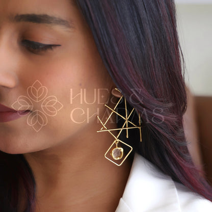 GOLDEN RAW STONE GRID DROPS EARRINGS (Colours available)